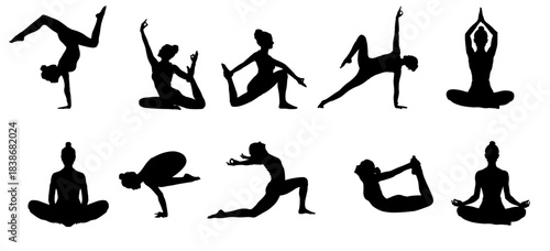 Collection of yoga poses silhouettes isolated on white background, Vector 
