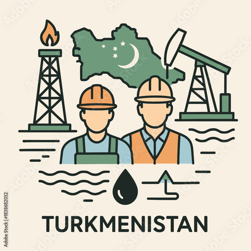 Square Oil Gas Industry Icon Showing Geology Workers Turkmenistan Energy Extraction Minimal Flat Illustration