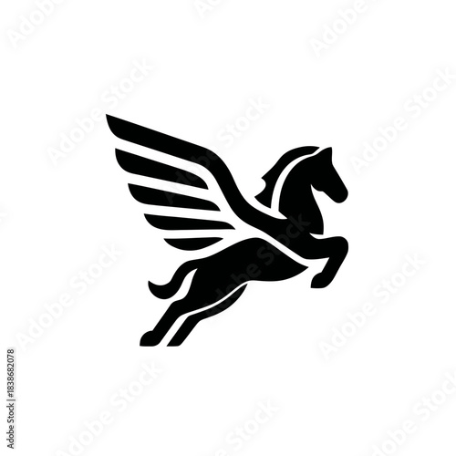 Black silhouette of a winged horse soaring upwards against white background