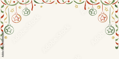 Festive holiday decorations featuring colorful ornaments and star accents on a white background