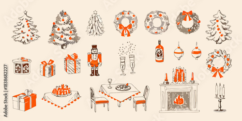 Festive christmas illustrations showcasing trees wreaths gifts and celebratory table settings