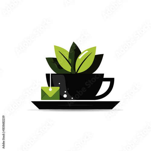 Minimalist illustration of tea cup with green leaves and tea bag