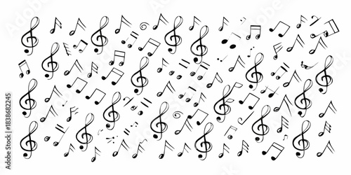 A seamless pattern of scattered musical notes and treble clefs