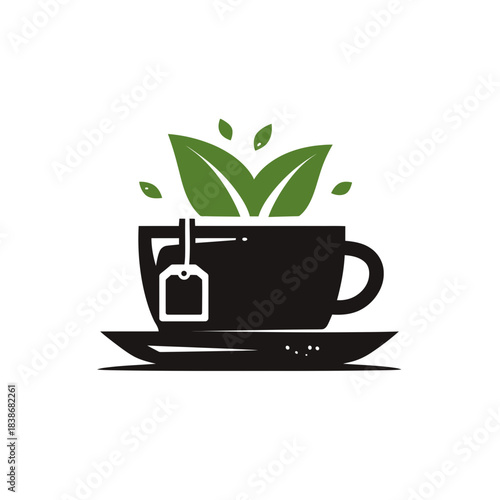 Black tea cup logo with green leaves and tea bag vector illustration