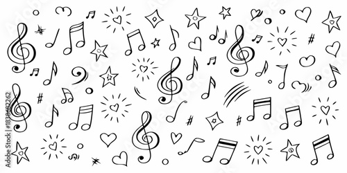 A whimsical collection of musical notes stars and hearts in a doodle style