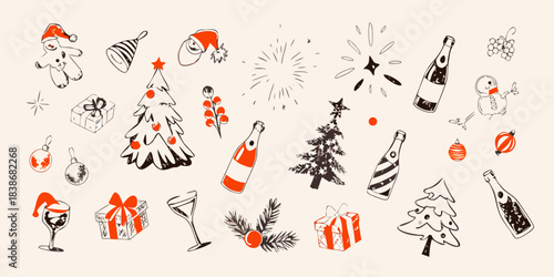 Festive holiday sketches featuring christmas trees champagne and decorative elements