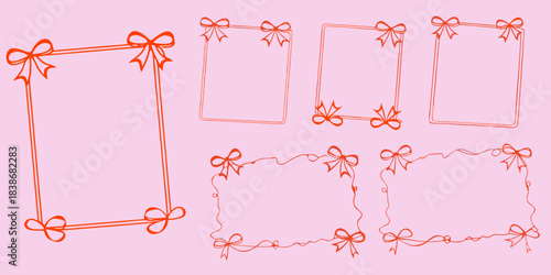Red sketched frames and bows decorative elements for celebrations and designs