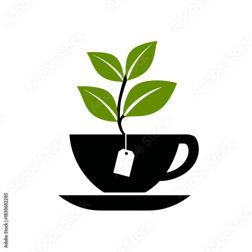 Green leaves growing from tea cup with tea bag label vector illustration
