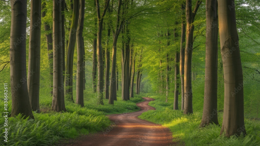 Obraz premium Sunlit forest path winding through tall green trees