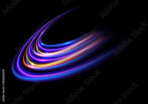 The speed line is blue and red in color. The spiral wave looks like a road. Light curved blue speed line swirls and Glitters. Spinning dynamic neon circle.