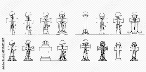 Set of fallen soldier battle cross grave markers with helmets, rifles, and boots, representing military memorial and remembrance.