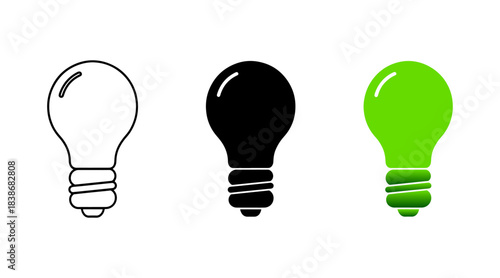 Light bulb icons set outline, silhouette, and green color, isolated on