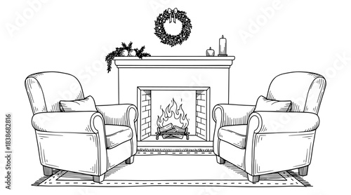 Cozy fireplace scene with two armchairs and christmas decorations, isolated on white