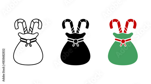 Christmas gift sack with candy canes isolated on vector set
