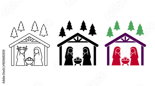 Nativity scene icon set mary, joseph, and baby jesus in manger with trees, isolated on white
