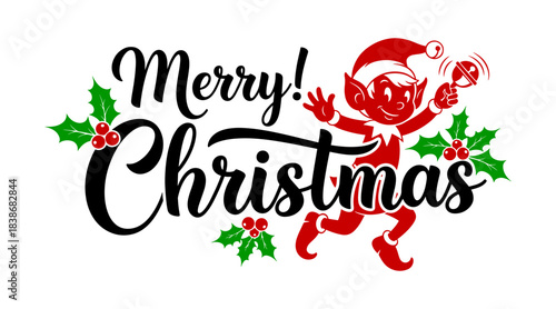 Merry christmas text with cute red elf and holly isolated on