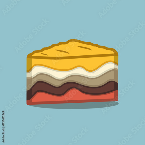Delicious layered cake slice illustration with rich yellow frosting and distinct colorful layers, perfect for culinary art and dessert themes