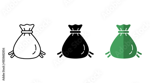 Money bag icon set outline, solid black, and green filled styles isolated on