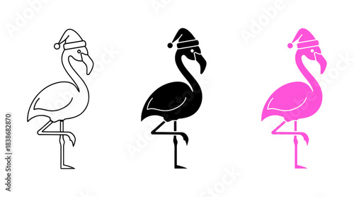 Set of three flamingo icons wearing santa hats, outline, silhouette, and color