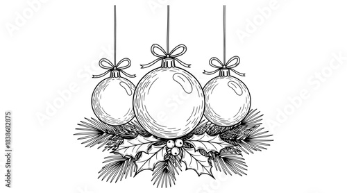 Three hanging christmas ornaments with holly and pine needles isolated on