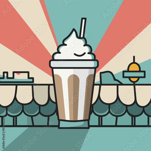 Sweet and creamy milkshake with whipped topping and a straw, illustrated in a classic retro diner style. This nostalgic beverage offers a refreshing treat and vintage aesthetic