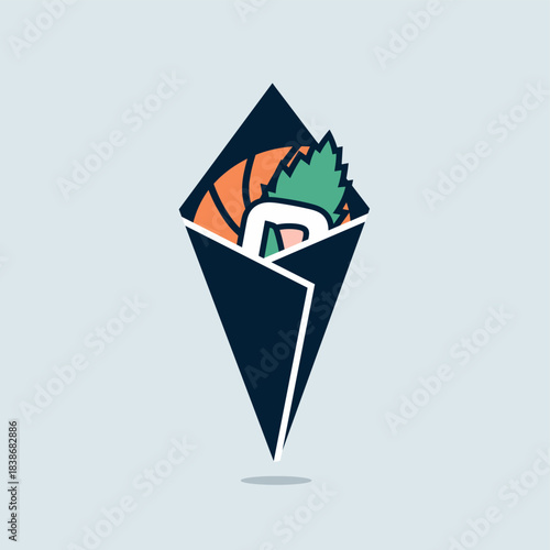 A visually appealing and stylized illustration of a sushi hand roll with salmon and avocado, presented in a dark blue cone against a light blue background