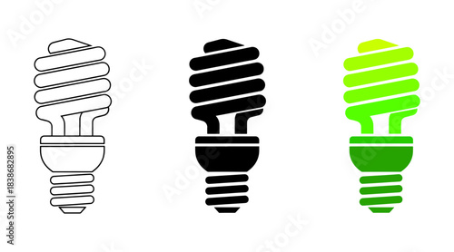 Set of three compact fluorescent light bulb icons in outline, solid black, and green gradient styles