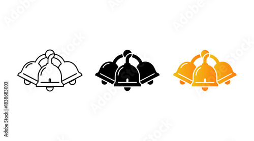 Set of three bells icon collection in outline, solid, and color styles