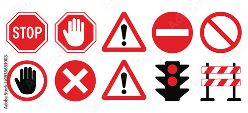 Road Safety Signs and Symbols Collection, a versatile vector set featuring stop, warning, prohibition, no entry, traffic light, and barrier icons for diverse design