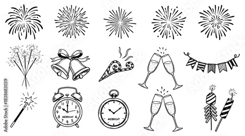 Set of hand drawn new year and celebration icons fireworks, clocks, champagne, bells, streamers