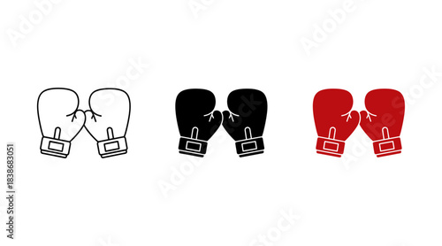 Set of boxing gloves icons in outline, solid black, and red styles