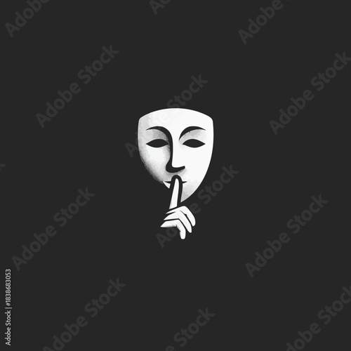 Minimalist mask illustration with hand gesturing silence on dark background