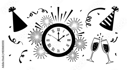 New years eve celebration with clock, party hats, confetti, and champagne toast