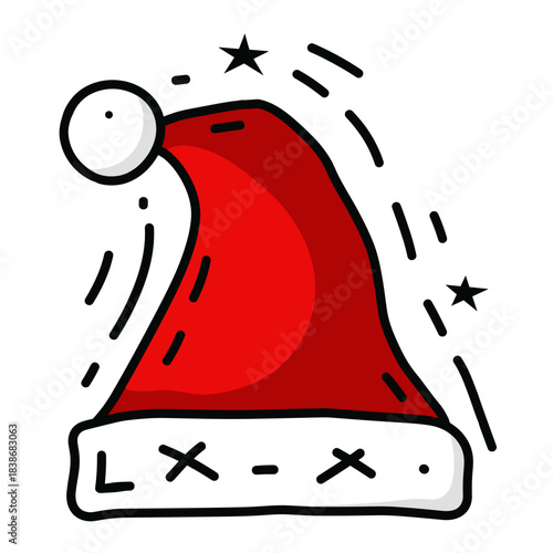 Hand-drawn Christmas Santa hat illustration with decorative stars and festive flair, perfect for holiday greetings and seasonal designs