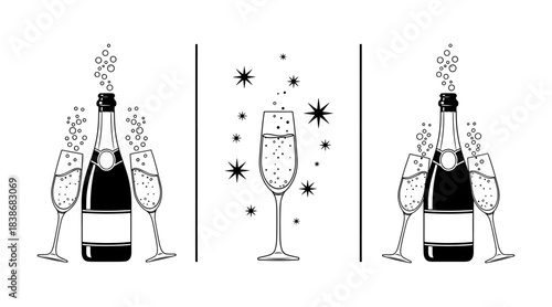 Champagne bottle and glasses celebration set black and white outline icons