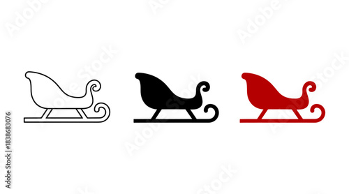 Set of three sleigh icons outline, solid black, and solid red