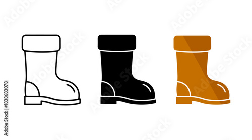 Set of three winter boots icons outline, solid black, and color fill styles
