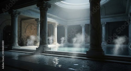 Steaming pool in ancient roman bathhouse with columns
