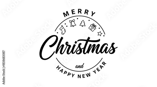 Merry christmas and happy new year typographic badge with line icons