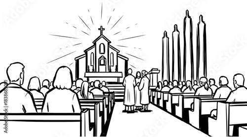 Congregation attending a religious service inside a church building with altar and cross