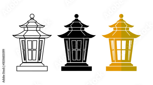 Set of three japanese style lantern icons outline, solid black, and gold gradient