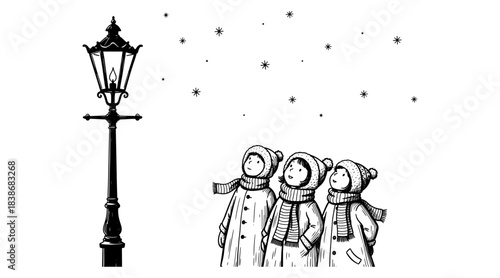 Children singing under snowfall