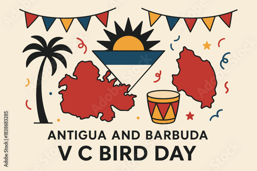 antigua and barbuda, v c bird day, national celebration, cultural illustration, island heritage, clean design, minimal art, flat celebration icon, caribbean culture, 