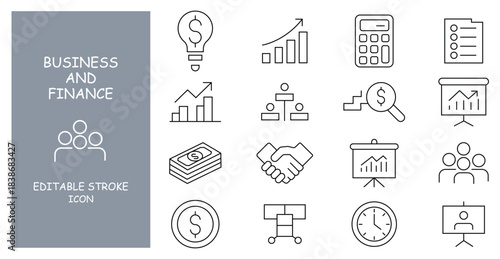 Business and Finance line icons set. Linear icon collection. Payments elements symbols. Currency, money, bank, cryptocurrency, check, wallet, piggy, balance, safe - stock vector.