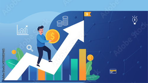 Man stepping on arrow symbolizing financial growth and success