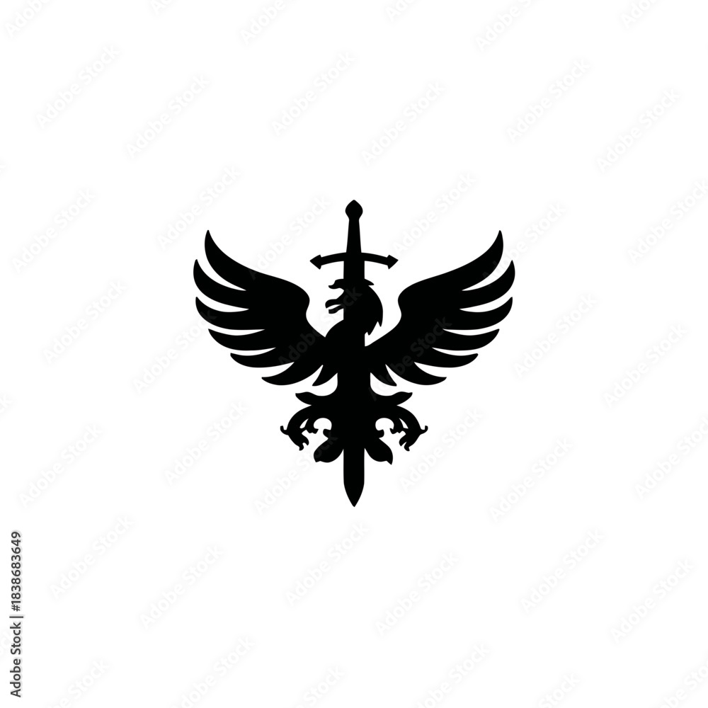 Obraz premium Black eagle silhouette with sword and wings symbol on white background