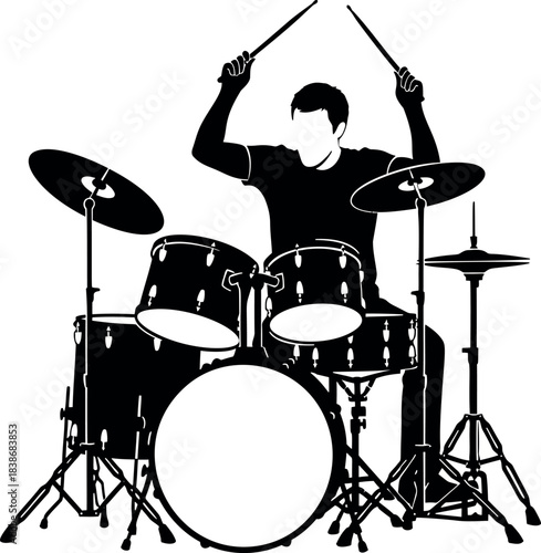 Musician energetically playing a drum set with drumsticks in a black and white silhouette illustration, capturing the rhythm and beat
