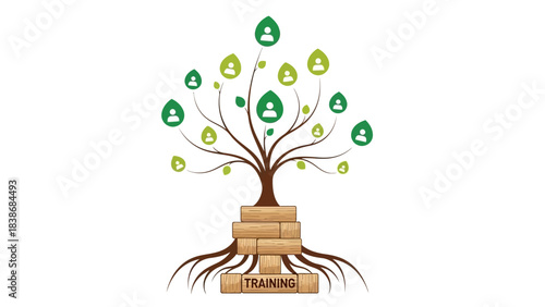 Training and development concept with growing tree on wooden blocks