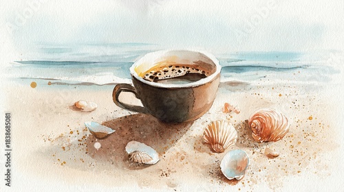 A watercolor illustration of a coffee cup on sandy beach, surrounded by seashells, with waves in the background, evoking a serene coastal vibe.