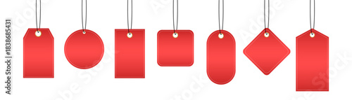 Set blank red paper price tags or gift tags. Paper labels with cord. Set template shopping labels with shadow